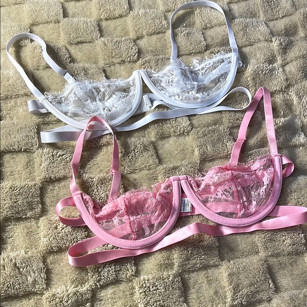 Lace Underwire Bra Set - Pink and White MEDIUM Bundle
